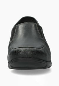 Bottines noires à enfiler avec un dessus en cuir texturé, des panneaux latéraux élastiques et un bout arrondi lisse, le tout reposant sur une semelle en caoutchouc durable.