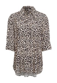 Leopard print button-up shirt in beige with black and brown spots, featuring a collared neckline and three-quarter sleeves. Smooth fabric.