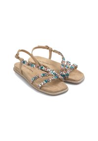 Sandali beige con una finitura in suede texturizzato, caratterizzati da accenti multicolori simili a gioielli e una suola piatta e scintillante. Cinturino alla caviglia regolabile.