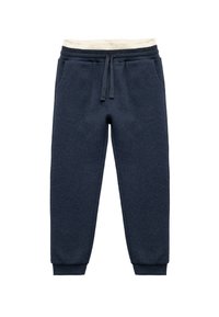 Marineblaue Jogginghosen aus einem strukturierten Stoff, mit elastischem Bund, verstellbarem Kordelzug und schmal zulaufenden Bündchen. Seitentaschen vorhanden.