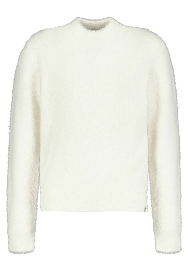 Biały, puszysty sweter z okrągłym dekoltem, długimi rękawami i teksturowanym wykończeniem. Posiada lekko skrócony krój oraz elastyczne wykończenie u dołu.