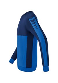 Blauwe sporthoodie met een mix van donkerblauwe en heldere blauwe panelen, een ronde hals en lange mouwen met een effen manchet.