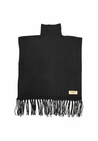 Poncho lavorato a maglia nero con design a collo alto, caratterizzato da un fondo frangiato e un piccolo etichetta sul lato. Texture morbida, stile minimalista.