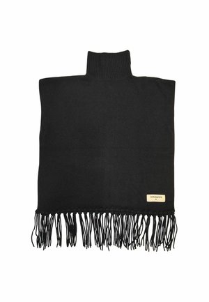 Poncho lavorato a maglia nero con design a collo alto, caratterizzato da un fondo frangiato e un piccolo etichetta sul lato. Texture morbida, stile minimalista.