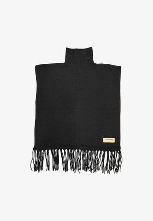 Poncho lavorato a maglia nero con design a collo alto, caratterizzato da un fondo frangiato e un piccolo etichetta sul lato. Texture morbida, stile minimalista.