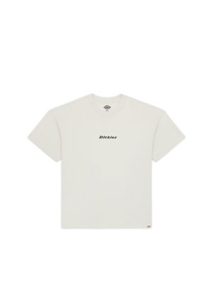 Gładki, krótkorękawowy T-shirt w kolorze ecru z logo "Dickies" nadrukowanym czarnym tekstem na środku klatki piersiowej.