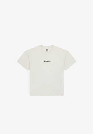 T-shirt à manches courtes blanc cassé uni avec logo "Dickies" imprimé en texte noir centré sur la poitrine.