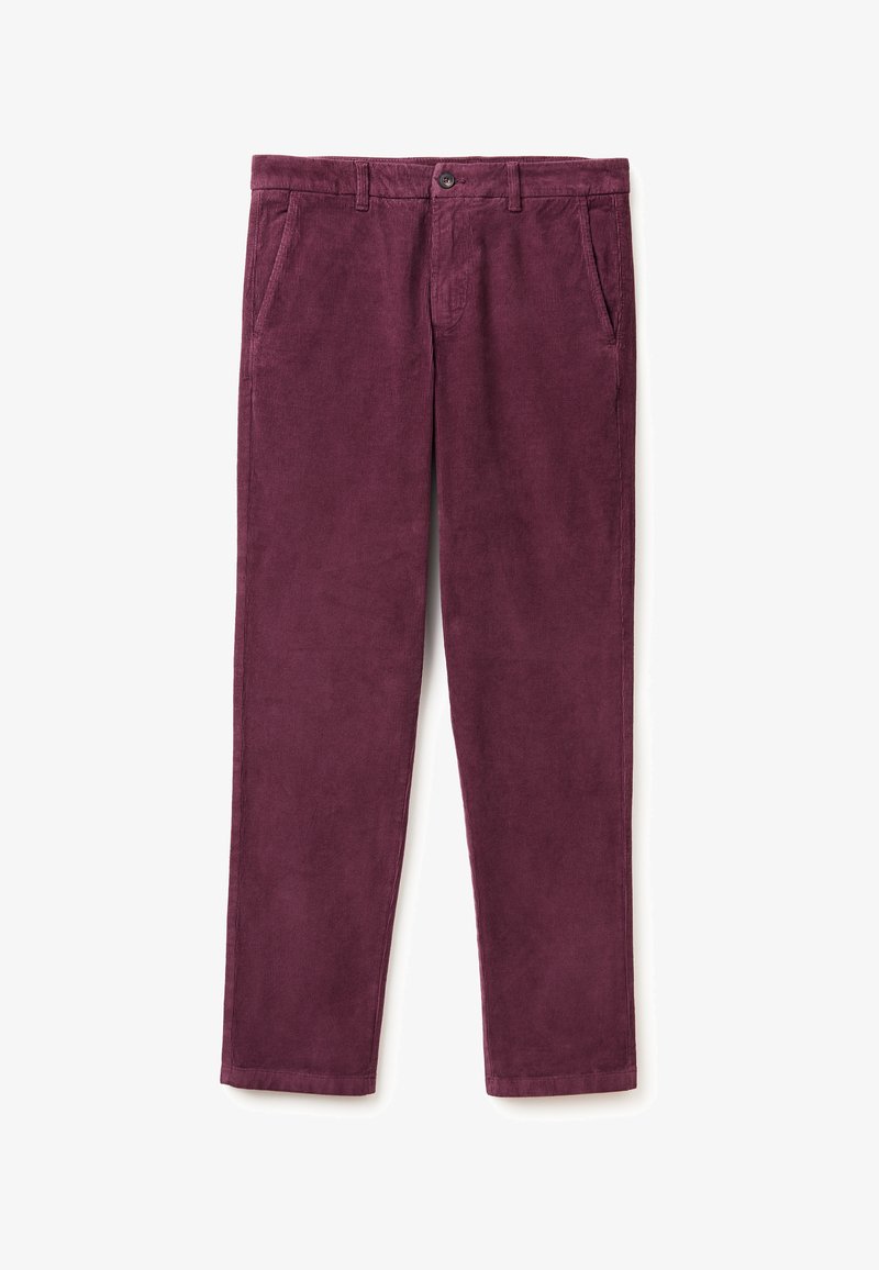 Bordeaux corduroy broek met een rechte snit, voorzien van een knoopsluiting, twee voorkeinen en een zachte, gestructureerde stof.