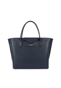 Borsa tote in pelle blu navy con superficie testurizzata, doppi manici e tasca con patta; presenta il logo del marchio in argento sul pannello anteriore.