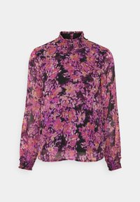 Blusa floreale in tessuto nero trasparente con motivi di fiori viola e rosa. Presenta un colletto alto arricciato e polsini elasticizzati.