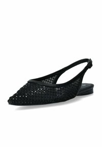 Scarpe flat slingback nere realizzate in rete aperta. Presentano punta affusolata, sottile cinturino alla caviglia e tacco basso per stabilità.