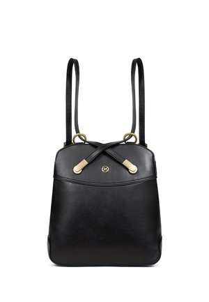 Sac bandoulière en cuir noir avec deux fines bretelles, accents dorés et un petit logo rond au centre devant.