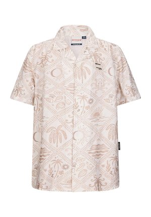 Beiges Kurzarmhemd mit Knöpfen und hellbraunen tropischen Mustern, darunter Palmen, Oktopusse, Sonne, Mond und Muscheln.