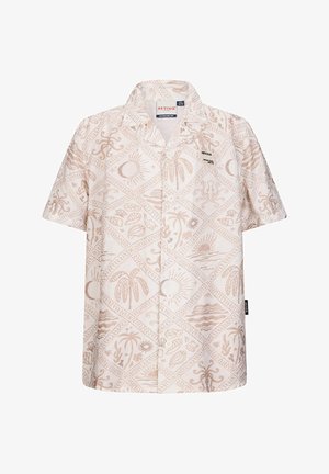 Beiges Kurzarmhemd mit Knöpfen und hellbraunen tropischen Mustern, darunter Palmen, Oktopusse, Sonne, Mond und Muscheln.