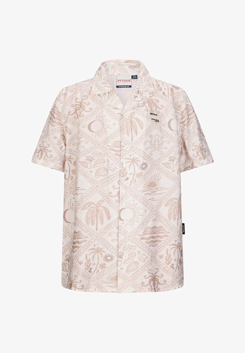 Beige overhemd met korte mouwen en knopen, bedrukt met lichtbruine tropische patronen zoals palmbomen, octopussen, zon, maan en schelpen.