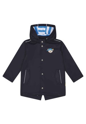 Imperméable enfant bleu marine avec capuche doublée de rayures bleues et blanches, boutons-pression, deux poches avant et une petite broderie d'ourson sur la poitrine.