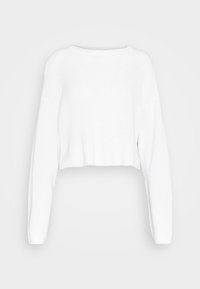 Pull court blanc en maille texturée. Comprend des manches longues et un col rond. Design simple sans ornements.