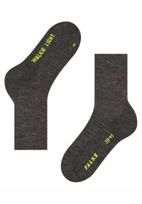 Gråmønstrede sokker med lysegrønn skrift. Egenskaper inkluderer polstret såle, ergonomisk form og markører for venstre/høyre.