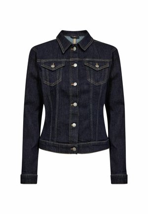 Tumma denim-takki, jossa istuva muotoilu, klassinen kaulus, kaksi rintataskua ja hopeanväriset napit. Sisältää hienovaraiset keltaiset tikkausyksityiskohdat.