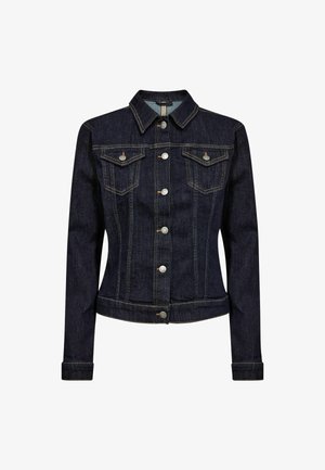 Mørk denimjakke med en tætsiddende pasform, klassisk krave, to brystlommer og sølvfarvede knapper. Har diskrete gule syningsdetaljer.