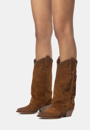 Stivali alti in suede marrone con dettagli frangiati, punta affusolata e tacco impilato. Cuciture decorative sui lati e linguette di estrazione nella parte superiore.