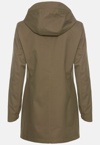 Khaki waterproof jacket with a hood, long sleeves, and a smooth texture. Features a straight cut with minimal stitching details on the back.