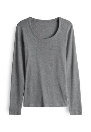 Maglietta grigia a maniche lunghe con scollo tondo, realizzata in tessuto morbido, mostrata distesa con cuciture visibili su scollo, polsini e orlo.