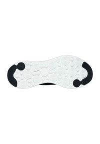 Suela de zapatilla negra con patrones circulares y una base de goma blanca, que presenta una banda de rodadura distintiva y acentos texturizados para mayor agarre.