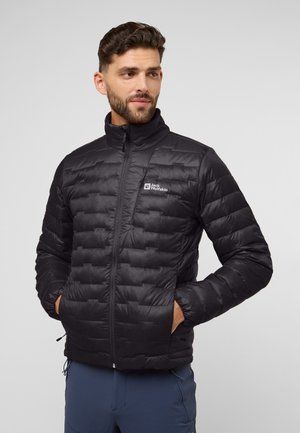 Black puffer jacket with horizontal quilted sections, high collar, and front zip closure. Features a small logo on the left chest.