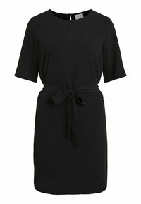 Svart kortärmad klänning i mjukt tyg, med rund halsringning, ett knytbälte i midjan och en diskret nyckelhålsdetalj i ryggen.