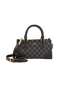 Black handbag with a gold logo, featuring a patterned fabric, structured shape, dual handles, and a detachable shoulder strap.