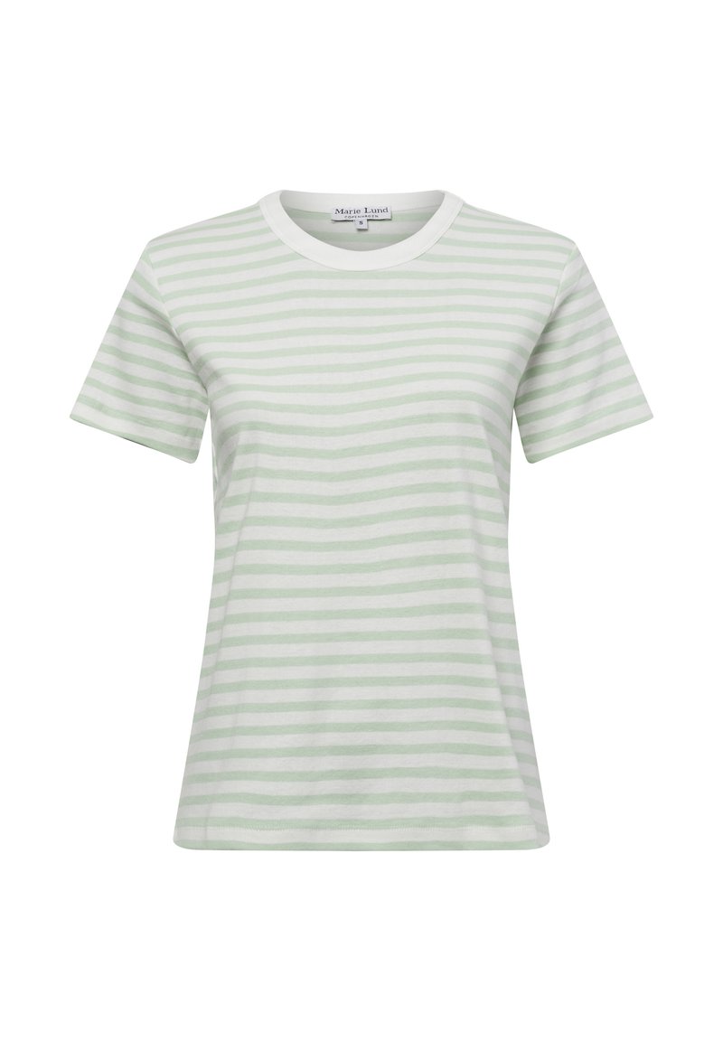 Short-sleeve t-shirt in light green and white horizontal stripes. Soft cotton material with a crew neck. Relaxed fit. No patterns or accents.