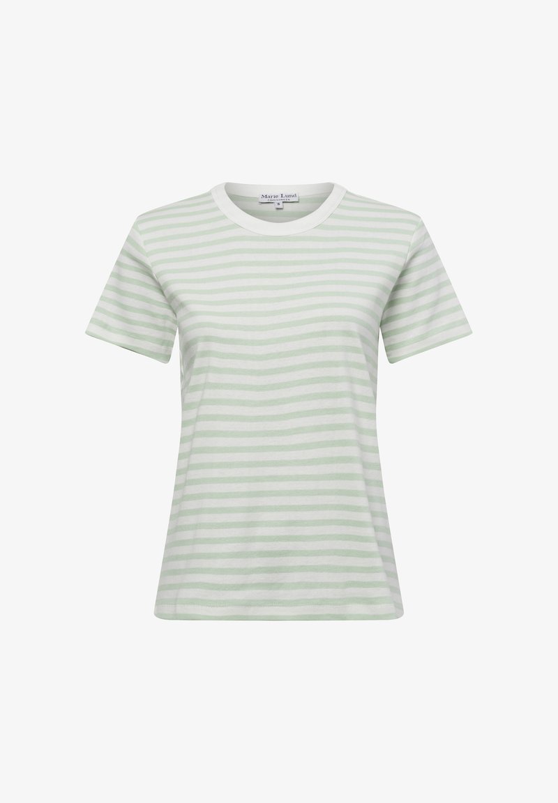 Short-sleeve t-shirt in light green and white horizontal stripes. Soft cotton material with a crew neck. Relaxed fit. No patterns or accents.