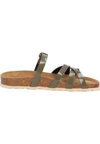 Olijfgroene sandalen met glanzende synthetische banden, kurken voetbed en een witte rubberen zool. Kenmerkt zich door een kruiselings bandendesign voor een veilige pasvorm.
