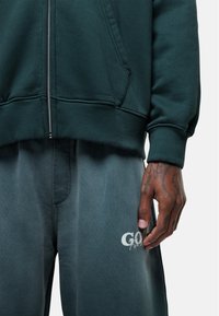 Donkergroene rits hoodie met ribbelmanchetten, gecombineerd met grijze sweatpants met een logo. Stof lijkt zacht en comfy met een gladde textuur.