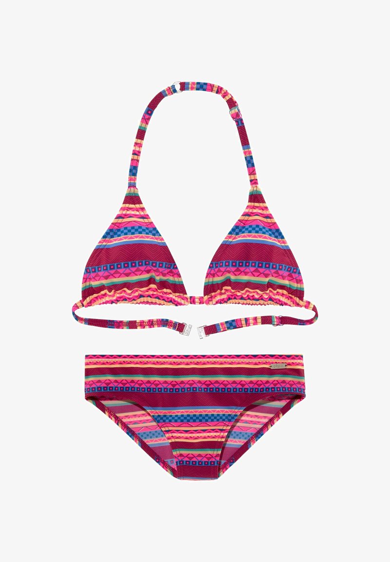 Triangel-Bikini-Set mit mehrfarbigen horizontalen Streifen in Pink, Blau und Lila. Das Material ist dehnbar und verfügt über verstellbare Träger.