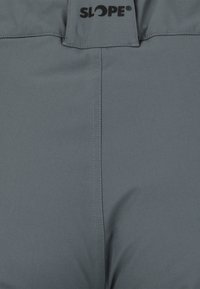 Grijze outdoorbroeken met een gladde textuur, voorzien van een gestikte naad en logo op de tailleband. Het materiaal lijkt duurzaam en functioneel.