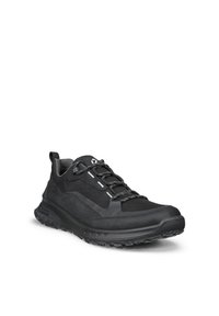 Black low-top hiking shoe with textured sole, lace-up front, padded collar, and pull tab at heel.