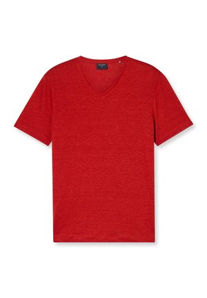 T-shirt rossa a maniche corte con scollo a V dal design sobrio, mostrata distesa su sfondo bianco.