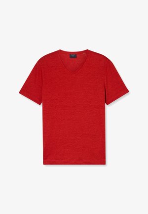 T-shirt rossa a maniche corte con scollo a V dal design sobrio, mostrata distesa su sfondo bianco.