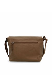 Braune Canvas-Schultertasche mit verstellbarem Trageriemen, genähtem Vorderfach und glatter Textur. Rechteckige Form mit klaren Kanten.