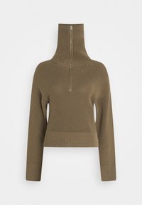 Khakifarbener, gestrickter Pullover mit hohem Funnel-Kragen, Frontreißverschluss, gerippten Bündchen und Saum. Kurz geschnittenes Design, strukturierter Strick, lange Ärmel.