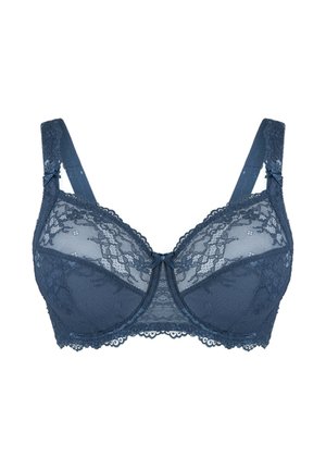 Donkerblauwe kanten beha met beugels, doorzichtige mesh cups en bloemenpatronen. Voorzien van verstelbare banden en een strikdetail in het midden.
