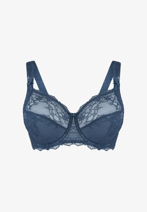 Soutien-gorge en dentelle bleue marine avec armatures, bonnets en tulle transparent et motifs floraux. Doté de bretelles ajustables et d'un détail en nœud au centre.