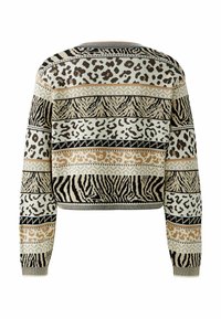 Gepunkteter Pullover mit einem Tiermuster-Design, das Streifen aus Leopard- und Zebramotiven in Beige, Braun und Schwarz auf einem hellen Hintergrund zeigt.