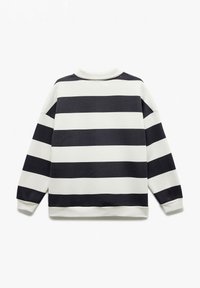 Gestreifter Pullover mit abwechselnd dunkelblauen und weißen Streifen, einem Rundhalsausschnitt sowie gerippten Bündchen und Saum. Weicher Stoff.