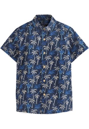 Kortærmet marineblå skjorte med knapper og palmetræsprint i lyse og mørke blå nuancer samt beige knapper.