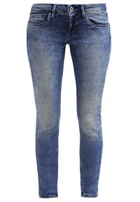 Slim-fit blue denim jeans with a washed finish, light fading, five pockets, and a button closure at the waist.