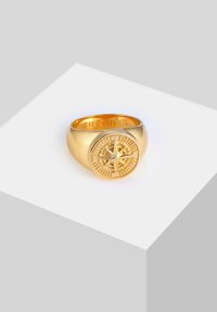 Guldtonet seglring med kompasdesign på toppen, med en glat finish og indgraveret mærkenavn indeni ringen.