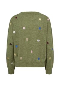Pull vert tricoté avec de petites fleurs brodées multicolores éparpillées dans le dos et sur les manches, vue arrière.